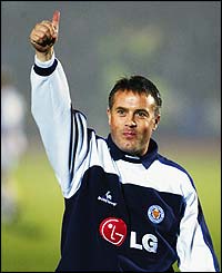 Leicester manager Micky Adams waves to the crowd
