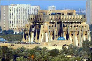 A building in Baghdad's presidential palace compound after it was hit by a missile, 22 March