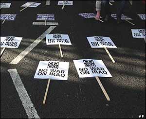 Poster laid out for protesters to pick up