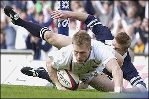 Josh Lewsey scores England's first try in the 22nd minute