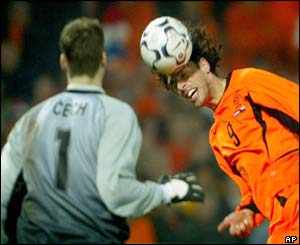 Holland's Ruud van Nistelrooy heads the ball towards the Czech's goalkeeper Petr Cech
