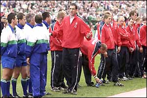 England skipper Martin Johnson speaks to the referee before kick off