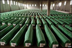 Coffins of remains of 600 bodies of Bosnian Muslims were laid in a local factory, a day before burial in Potocari, near Srebrenica