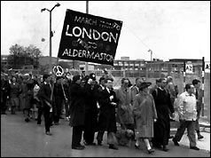 CND campaigners gather outside Atomic Weapons Research Establishment at Aldermaston