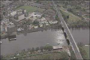 An aerial view of part of the Boat Race route