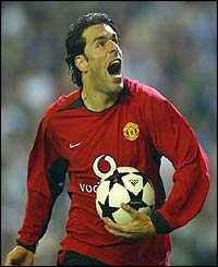 Manchester United's Ruud Van Nistelrooy celebrates scoring against Real Madrid 