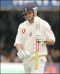 England's Robert Key leaves the crease after being caught behind for 18
