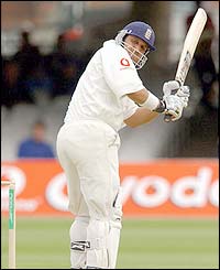 Mark Butcher plays a shot down the leg side