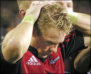 Justin Marshall of the Crusaders hangs his head after the defeat to the Auckland Blues
