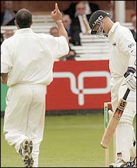 Mark Butcher celebrates taking the wicket of Mark Vermeulen