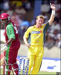 Brett Lee of Australia celebrates after Wavell Hinds of the West Indies is out lbw