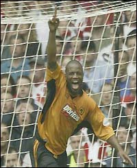 Nathan Blake celebrates after scoring Wolves' second goal 