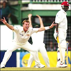 Australia's Brett Lee appeals in vain for lbw against Wavell Hinds