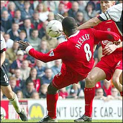 Emile Heskey gives Liverpool the lead after 36 minutes