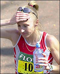 Paula Radcliffe shows the strain after victory in the London Marathon