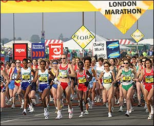 Paula Radcliffe leads the elite women away from the start line