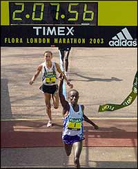 Ethiopia's Gezahegne Abera wins the men's race
