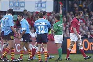 Dafydd Jones is sent off by referee Tony Spreadbury