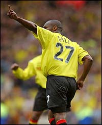 Watford's Marcus Gayle celebrates scoring 