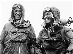 Ed Hilary and Sherpa Tenzing after returning from the summit of Everest