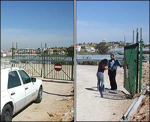 Passing through a locked gate to enter the West Bank town of Azzoun from Israel