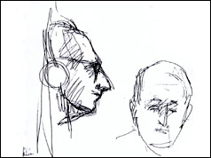 Yehuda Bacon's courtroom sketch of Adolf Eichmann (L) and the judge (R), &copy; Yehuda Bacon