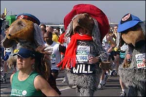 Three runners compete in the race dressed as wombles