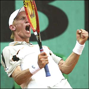 Finland's Jarkko Nieminen celebrates his five-set victory