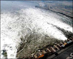 Water flows through holes at the bottom of the Three Gorges dam 