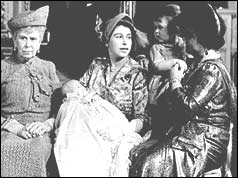 From left to right, Queen Mary (King's mother), Princess Elizabeth and baby Anne, Queen Elizabeth (later Queen Mother) holding Prince Charles