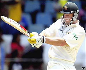 Adam Gilchrist pull the ball during his innings of 101 not out