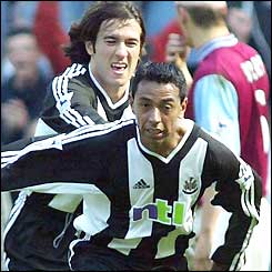Nolberto Solano celebrates his goal against Aston Villa