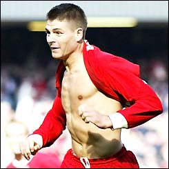 Liverpool midfielder Steven Gerrard celebrates his goal against Charlton