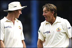 Brett Lee and Andy Bichel of Australia share a joke on day four of the second test
