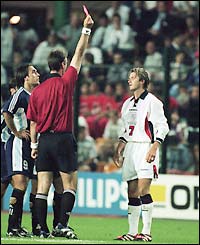England midfielder David Beckham is sent off against Argentina in a second round match at the 1998 World Cup in France