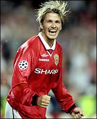 David Beckham celebrates Manchester United's victory in the 1999 Champions League final against Bayern Munich