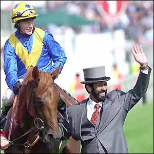 Jockey Fallon and trainer Saeed Suhail celebrate victory in the Derby