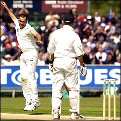 Richard Johnson celebrates trapping Mark Vermeulen lbw
