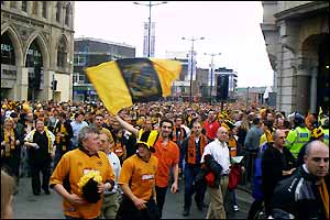 Wolves fans celebrate in Cardiff