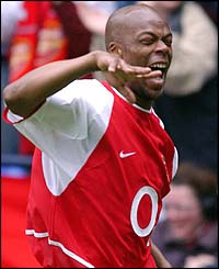 Arsenal striker Sylvain Wiltord celebrates scoring in the 47th minute