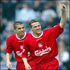 Michael Owen celebrates his second goal against West Brom