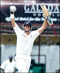 New Zealand captain Stephen Fleming celebrates his double century