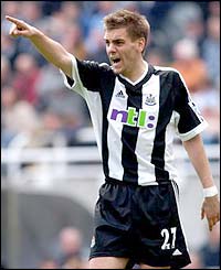 Newcastle centre-back Jonathan Woodgate barks instructions at his team-mates