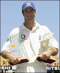 England's Michael Vaughan holds the Ashes man-of-the-series trophy
