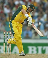Matthew Hayden hits a lofted drive for Australia