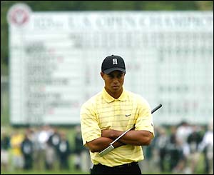 Tiger Woods looks glum during the first round of the US Open