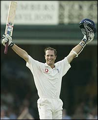 Michael Vaughan celebrates a century against Australia in the fifth Ashes Test in 2003