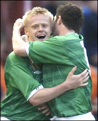 Damien Duff celebrates scoring the opening goal for the Republic of Ireland against Norway