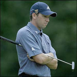 Sergio Garcia looks glum after a bad start to his third round 