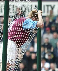 Steve Lomas ends up in the Chelsea net without the ball in the hunt for a vital goal